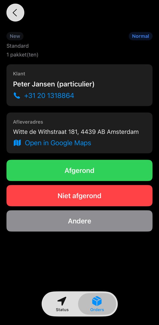 Driver app order screen with customer phone number, delivery address with a Google Maps link, and buttons for completed, not completed and other