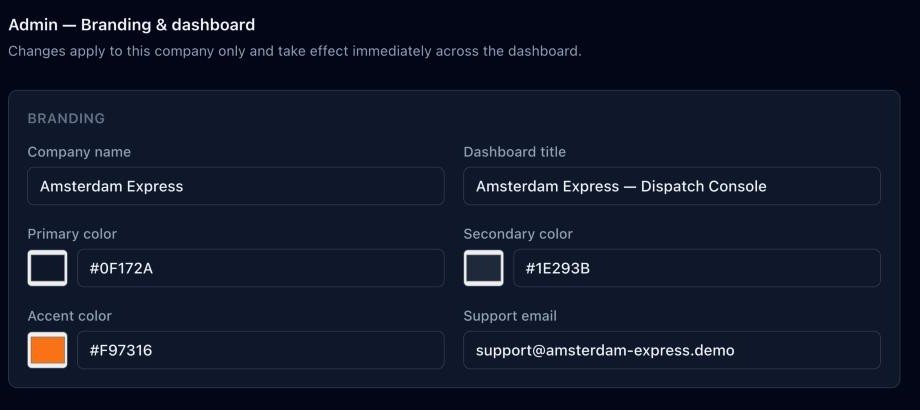 Admin branding settings with company name, dashboard title, primary, secondary and accent colours and support email