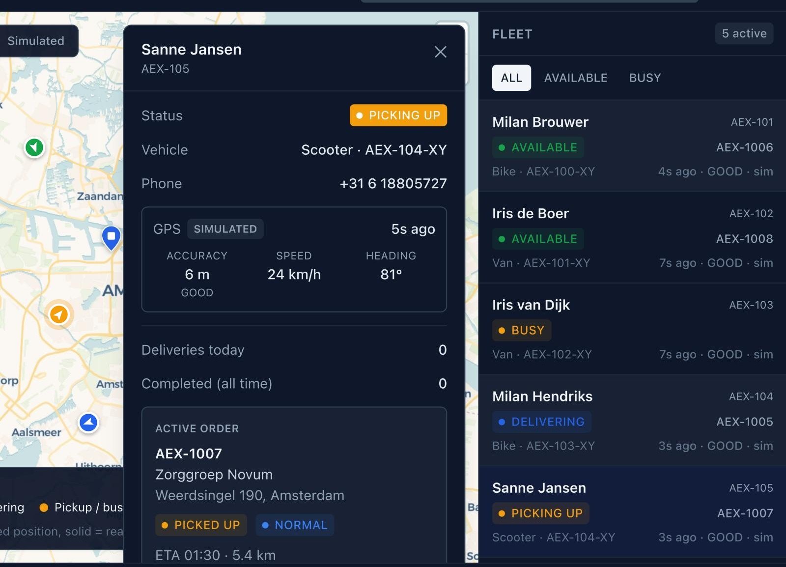 Driver detail panel for Sanne Jansen: status picking up, scooter, GPS accuracy 6 m, speed 24 km/h, active order AEX-1007 for Zorggroep Novum with ETA and distance