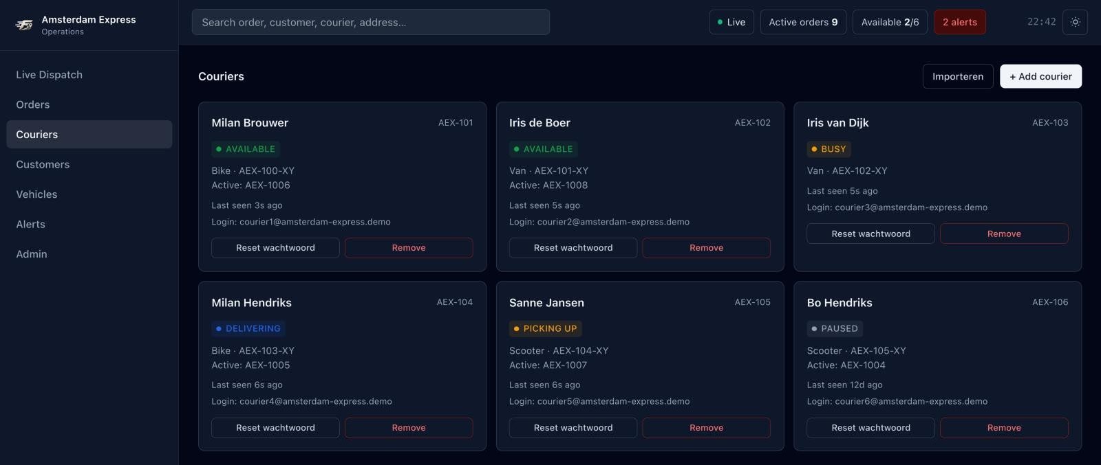 Couriers overview with a card per driver showing status, vehicle, active order, last seen time, login and buttons to reset the password or remove the driver