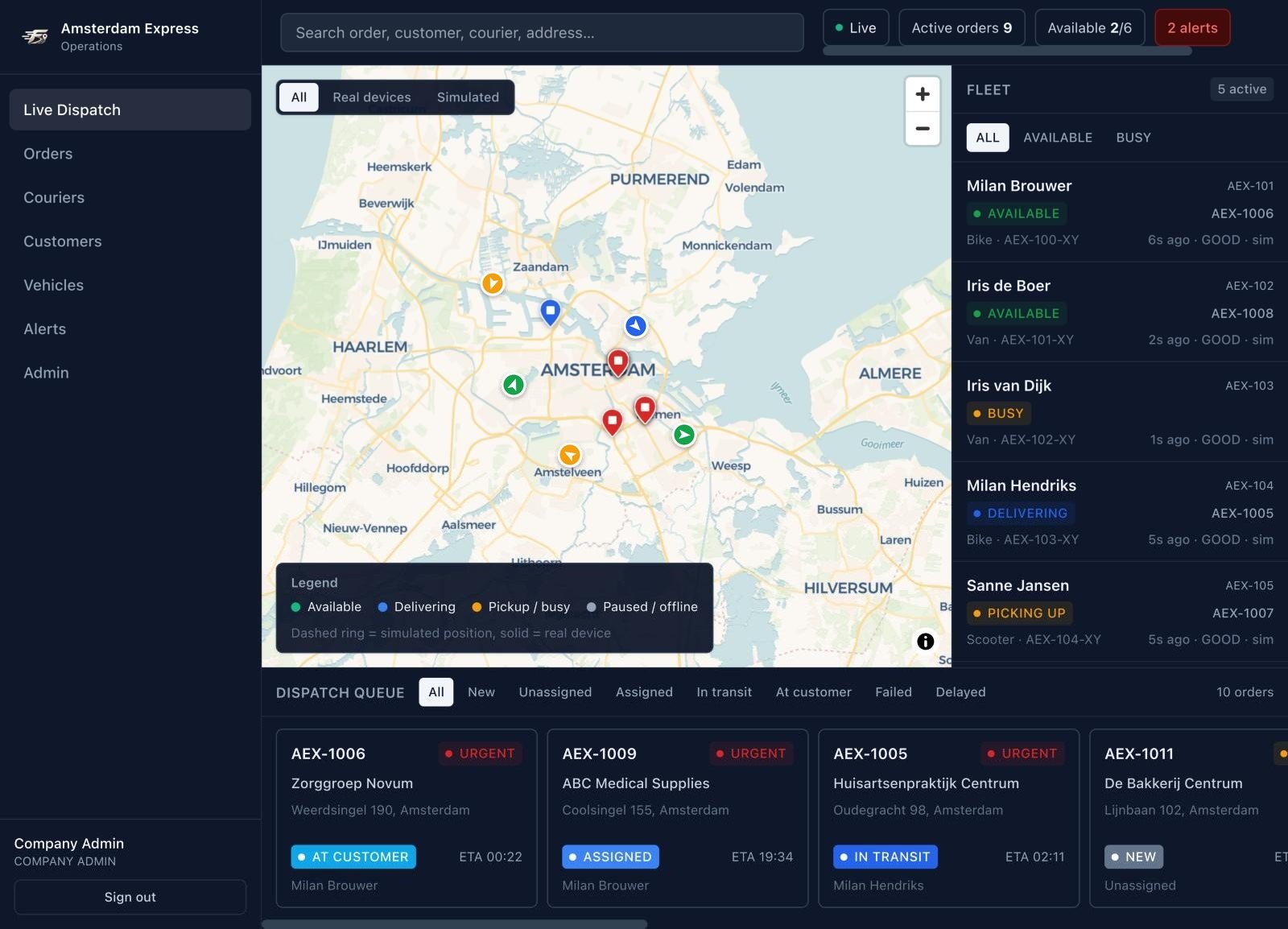FleetChasing live dispatch dashboard: a map of Amsterdam with delivery pins, a fleet list of five drivers with their status, and a queue of open orders with status and ETA