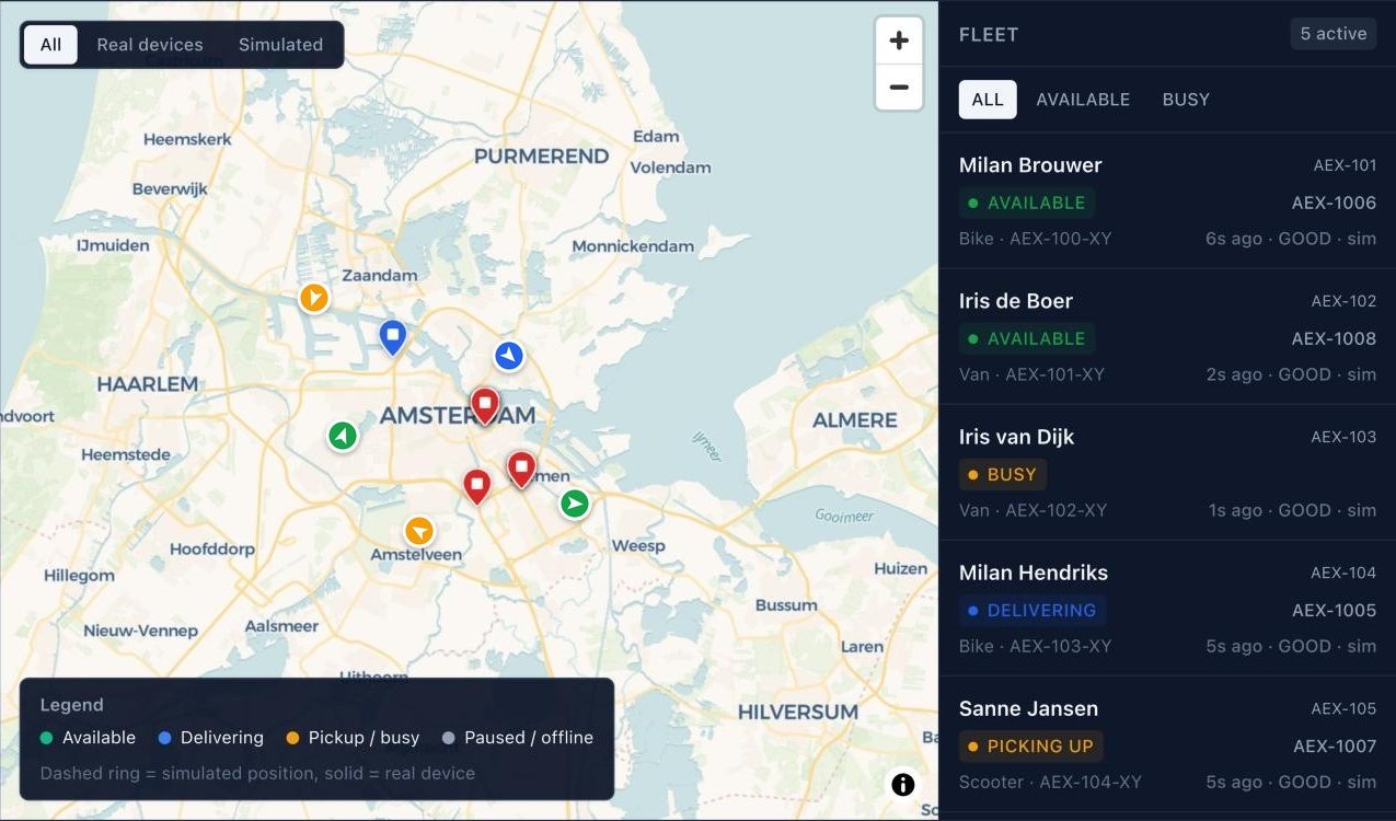 Live map of the Amsterdam area with delivery pins next to the fleet list showing each driver's status, vehicle and last GPS update